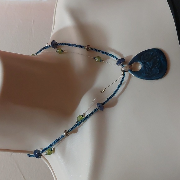 Blue Swirly Enameled Pendant Beaded Necklace - Picture 2 of 5
